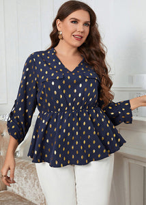 Plus Size Navy Blue V Neck Print Patchwork Chiffon Top Fall