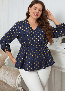 Plus Size Navy Blue V Neck Print Patchwork Chiffon Top Fall