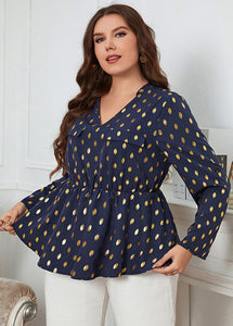 Plus Size Navy Blue V Neck Print Patchwork Chiffon Top Fall