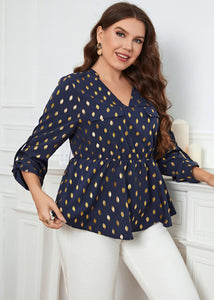 Plus Size Navy Blue V Neck Print Patchwork Chiffon Top Fall