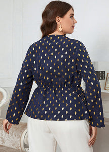 Plus Size Navy Blue V Neck Print Patchwork Chiffon Top Fall