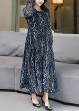 Load image into Gallery viewer, Plus Size Navy Peter Pan Collar Print Chiffon Maxi Dress Fall