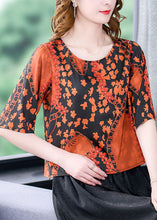 Load image into Gallery viewer, Plus Size Orange O-Neck Print Silk Shirt Top Short Sleeve