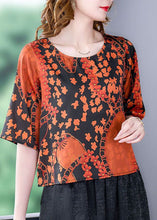 Load image into Gallery viewer, Plus Size Orange O-Neck Print Silk Shirt Top Short Sleeve