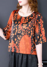 Load image into Gallery viewer, Plus Size Orange O-Neck Print Silk Shirt Top Short Sleeve