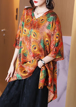 Load image into Gallery viewer, Plus Size Peacock Print V Neck Patchwork Silk Shirt Top Summer