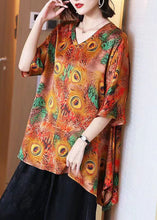 Load image into Gallery viewer, Plus Size Peacock Print V Neck Patchwork Silk Shirt Top Summer