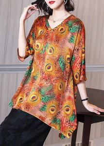 Plus Size Peacock Print V Neck Patchwork Silk Shirt Top Summer