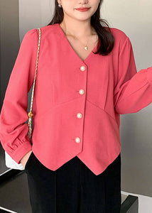 Plus Size Pink Asymmetrical Button Patchwork Cotton Top Fall