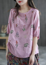 Load image into Gallery viewer, Plus Size Pink Embroideried O-Neck Half Sleeve Ramie Blouses Summer