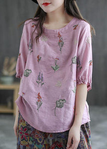 Plus Size Pink Embroideried O-Neck Half Sleeve Ramie Blouses Summer