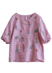 Plus Size Pink Embroideried O-Neck Half Sleeve Ramie Blouses Summer