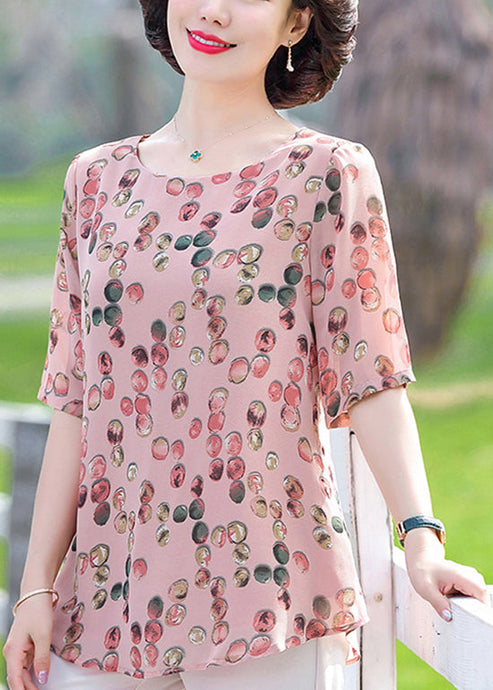 Plus Size Pink O-Neck Dot Print Chiffon Tops Half Sleeve