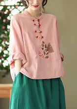 Load image into Gallery viewer, Plus Size Pink O-Neck Embroideried Linen Top Long Sleeve