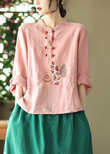 Load image into Gallery viewer, Plus Size Pink O-Neck Embroideried Linen Top Long Sleeve