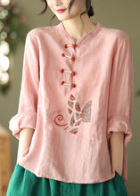 Load image into Gallery viewer, Plus Size Pink O-Neck Embroideried Linen Top Long Sleeve