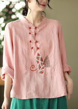 Load image into Gallery viewer, Plus Size Pink O-Neck Embroideried Linen Top Long Sleeve