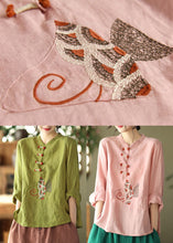 Load image into Gallery viewer, Plus Size Pink O-Neck Embroideried Linen Top Long Sleeve