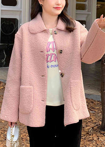 Plus Size Pink Peter Pan Collar Pockets Patchwork Teddy Faux Fur Coats Fall