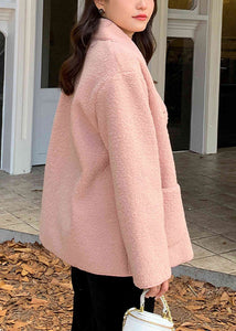 Plus Size Pink Peter Pan Collar Pockets Patchwork Teddy Faux Fur Coats Fall