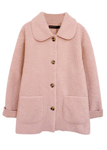 Plus Size Pink Peter Pan Collar Pockets Patchwork Teddy Faux Fur Coats Fall