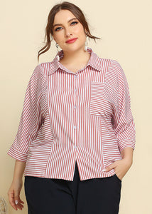 Plus Size Pink Peter Pan Collar Striped Button Cotton Shirt Bracelet Sleeve