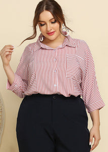 Plus Size Pink Peter Pan Collar Striped Button Cotton Shirt Bracelet Sleeve