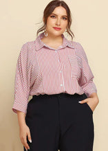 Load image into Gallery viewer, Plus Size Pink Peter Pan Collar Striped Button Cotton Shirt Bracelet Sleeve