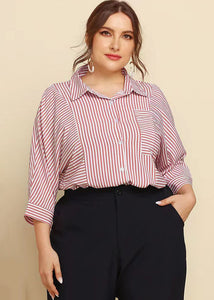 Plus Size Pink Peter Pan Collar Striped Button Cotton Shirt Bracelet Sleeve