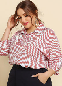 Plus Size Pink Peter Pan Collar Striped Button Cotton Shirt Bracelet Sleeve