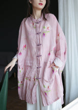 Load image into Gallery viewer, Plus Size Pink Stand Collar Print Button Ramie Long Coats Spring