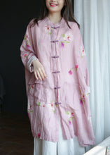 Load image into Gallery viewer, Plus Size Pink Stand Collar Print Button Ramie Long Coats Spring