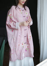 Load image into Gallery viewer, Plus Size Pink Stand Collar Print Button Ramie Long Coats Spring