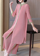 Load image into Gallery viewer, Plus Size Pink Stand Collar Print Silk Long Shirts And Wide Leg Pants Two-Piece Set