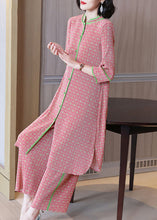 Load image into Gallery viewer, Plus Size Pink Stand Collar Print Silk Long Shirts And Wide Leg Pants Two-Piece Set