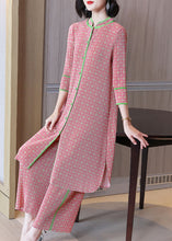 Load image into Gallery viewer, Plus Size Pink Stand Collar Print Silk Long Shirts And Wide Leg Pants Two-Piece Set