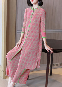 Plus Size Pink Stand Collar Print Silk Long Shirts And Wide Leg Pants Two-Piece Set