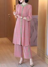 Load image into Gallery viewer, Plus Size Pink Stand Collar Print Silk Long Shirts And Wide Leg Pants Two-Piece Set