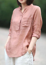 Load image into Gallery viewer, Plus Size Pink Stand Collar pockets Linen Blouses top Half Sleeve