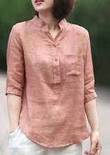 Load image into Gallery viewer, Plus Size Pink Stand Collar pockets Linen Blouses top Half Sleeve