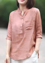 Load image into Gallery viewer, Plus Size Pink Stand Collar pockets Linen Blouses top Half Sleeve