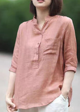 Load image into Gallery viewer, Plus Size Pink Stand Collar pockets Linen Blouses top Half Sleeve