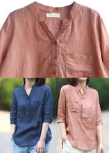 Load image into Gallery viewer, Plus Size Pink Stand Collar pockets Linen Blouses top Half Sleeve