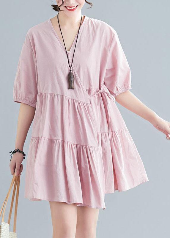 Plus Size Pink V Neck Cinched Ankle Summer Cotton Dress