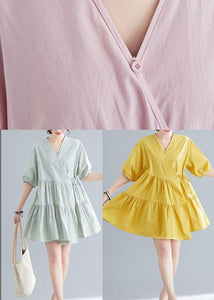 Plus Size Pink V Neck Cinched Ankle Summer Cotton Dress