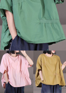 Plus Size Pink Wrinkled Drawstring Cotton Pullover Sweatshirt Top Summer