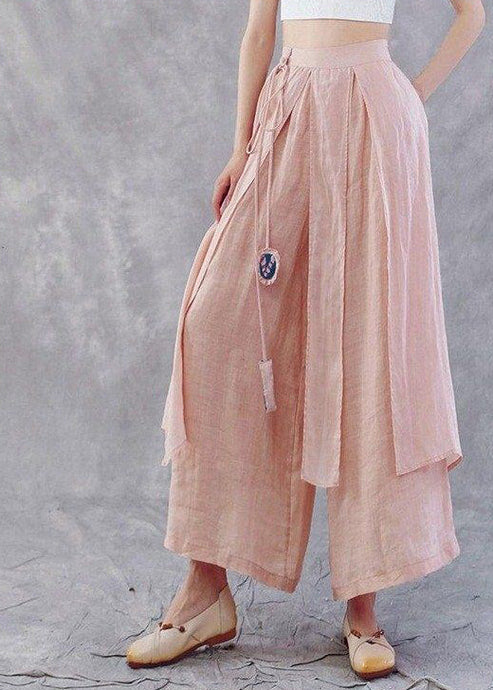 Plus Size Pink tie waistAsymmetrical Linen wide leg Pants Spring