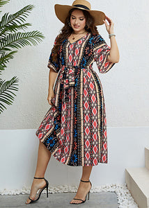 Plus Size Print Tie Waist Silk Maxi Dresses Summer