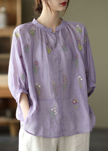 Plus Size Purple Embroideried Loose Fall Three Quarter sleeve Top