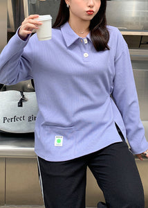 Plus Size Purple Oversized Tie Waist Cotton Top Fall